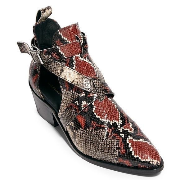AllSaints Boot Darcy Pointed Toe Ankle Leather Heeled Cutout Red Snake 38 NIB - Picture 8 of 9